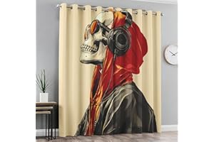 Gothic Skull Curtains for Living Room - Music Earphone Curtains Blackout 84 Inch Long, Skeleton Musical Bedroom Decor, Therma