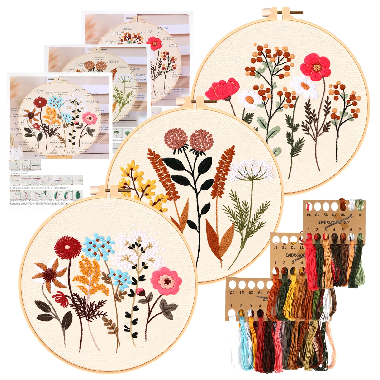Embroidery Kit, Floral Pattern Botanical Embroidery Kits for Adults with 3 Pieces Plastic Embroidery Hoops, Colourful Threads and Tools, Embroidery Kit for Beginners for DIY Arts and Crafts