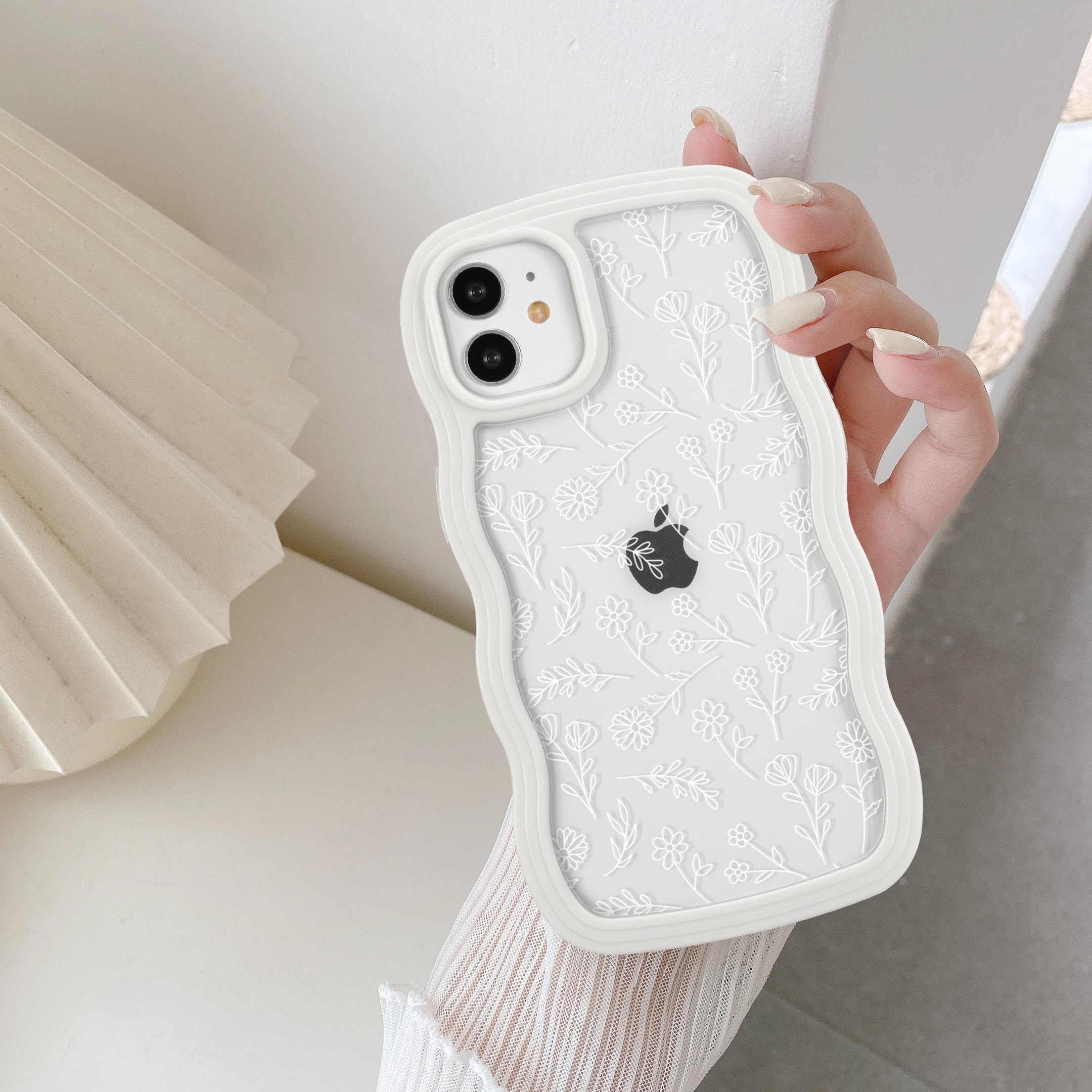QLTYPRI Compatible with iPhone 11 Case, Cute Curly Wave Frame Clear Case for Girls Women, Flower Clear TPU Bumper Slim Soft Silicone Shockproof Protective Phone Cover for iPhone 11- White Floral/White