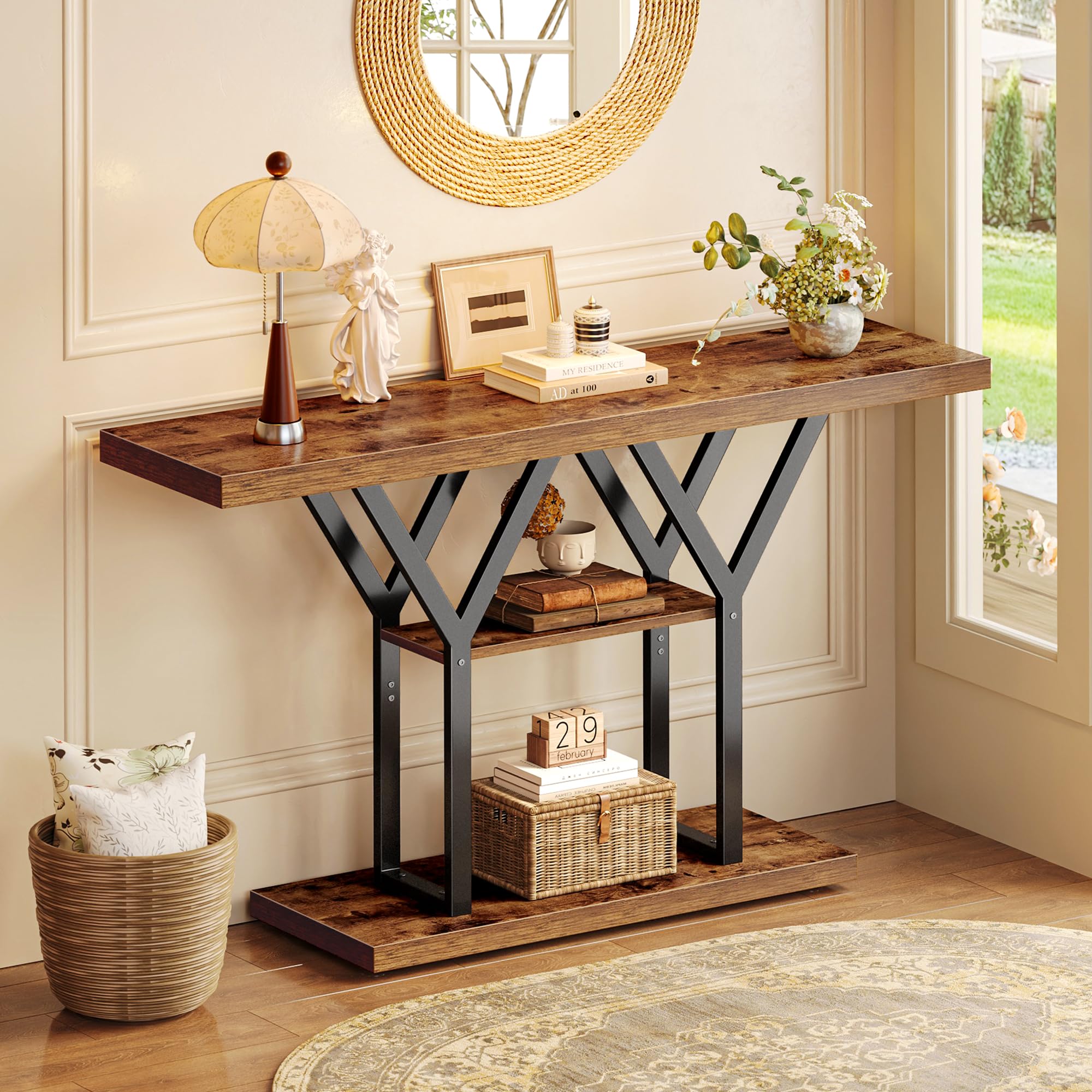 Photo 1 of ** VERY USED/ UNTESTED**Huuger 47.2 Inch Entryway Table, Industrial Console Sofa Table, 3 Tier Accent Table, for Entry, Hallway, Entrance, Foyer, Y-Shaped Metal Base, Rustic Brown