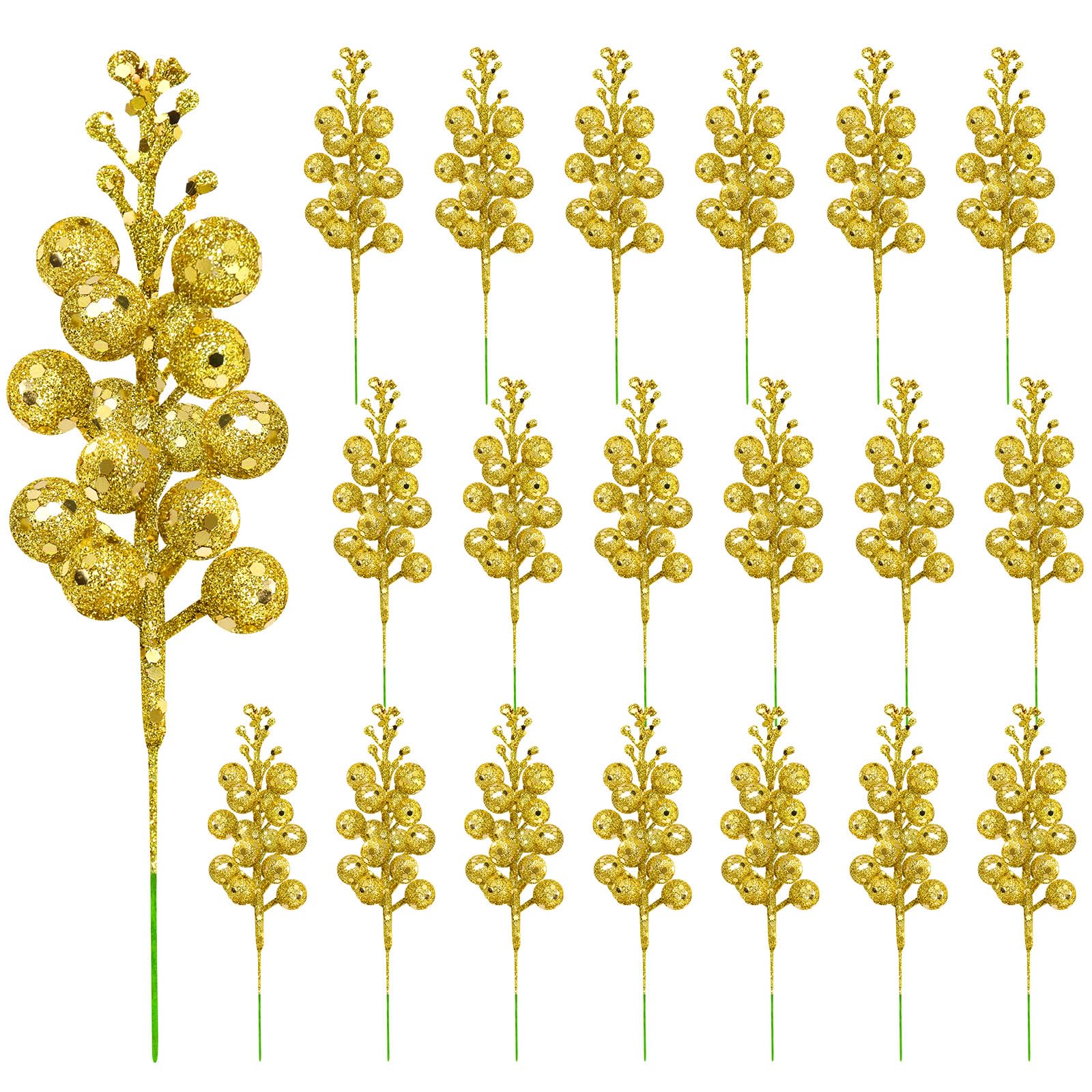 Yueshop 20 PCS Christmas Artificial Berries Stems, Christmas Tree Decorations Gold Berry Stems Glitter Berries Branches Christmas Tree Picks for Wreath Wedding Party DIY Crafts Xmas Tree Decoration