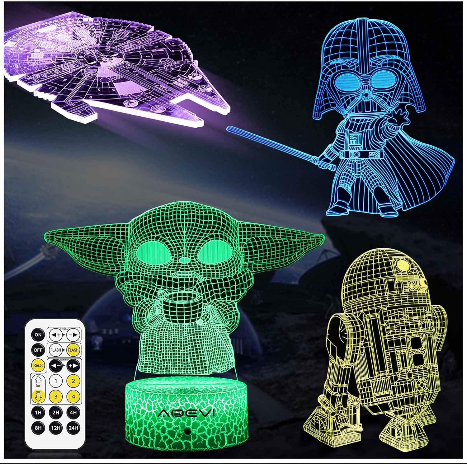 AOEVI Star Wars Gifts, Star Wars Toys 7 Colors Changing 3D Night Light for Kids Room Decor with Remote & Timer, (4 Patterns) Starwars Illusion Lamp Birthday Gifts for Boys Men Brother Father Baby Fans