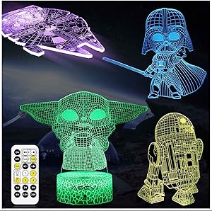 AOEVI Star Wars Gifts, Star Wars Toys 7 Colors Changing 3D Night Light for Kids Room Decor with Remote & Timer, (4 Patterns) Starwars Illusion Lamp Birthday Gifts for Boys Men Brother Father Baby Fans
