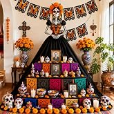 Yunlly 48 Pcs Dia De Los Muertos Altar Decoration Set, Day of The Dead Ofrenda Altar Kit Includes 30 Marigold Flowers with Stem 10 Monarch Butterfly Banner Catrina for Dia De Los Muertos Diwali