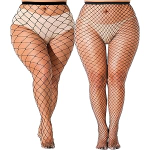 VOAKOW 2 Pairs Plus Size Fishnet Stockings for Curvy Women Stretch Black Party Fishnet Tights, Wide Waist & Thigh Fit