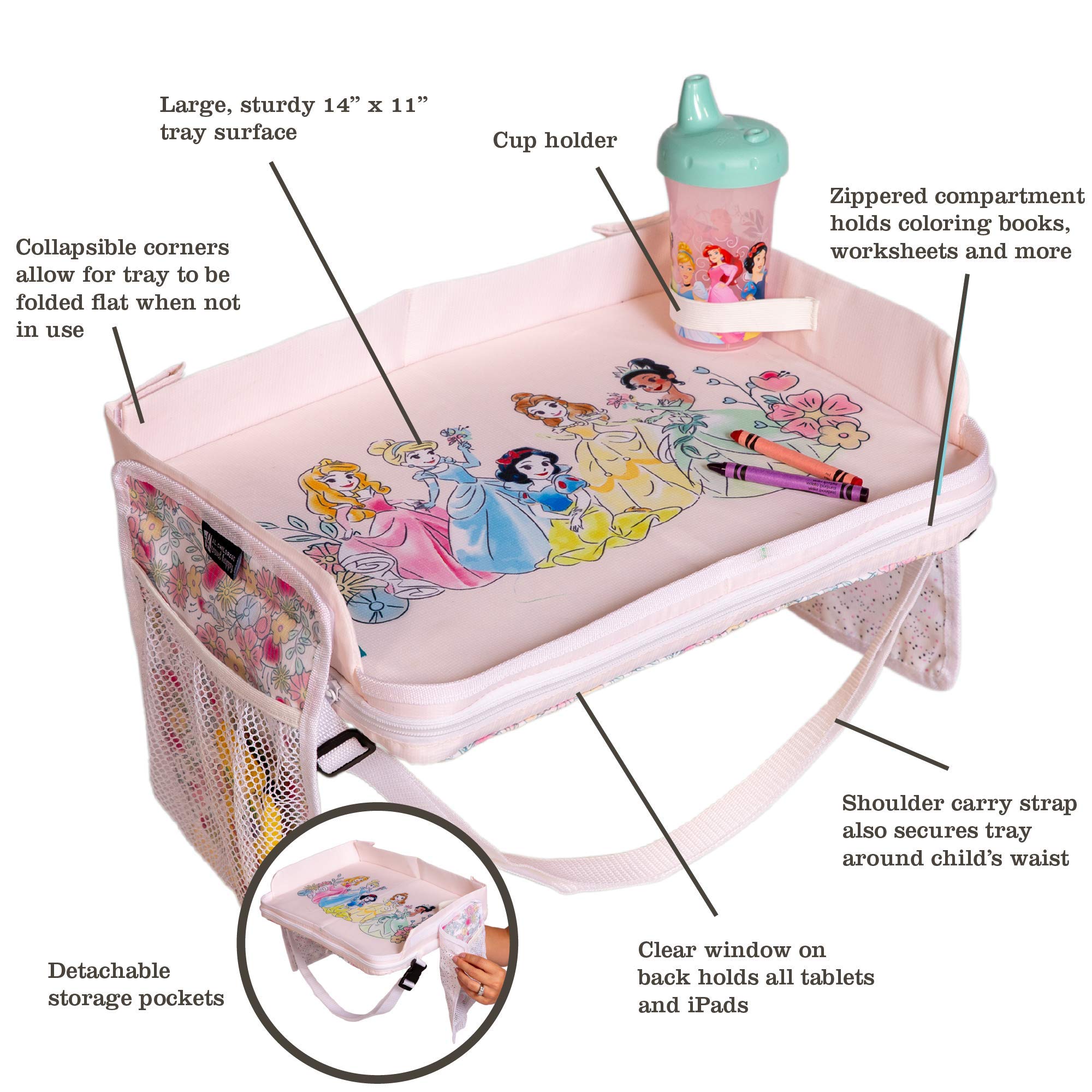 J.L. Childress Disney Baby 3-IN-1 Kids Travel Tray & Tablet Holder - Car Seat Lap Tray Desk for Toddlers, Road Trip Essentials, Car Seat Activity Table, Travel Accessories - Disney Princess