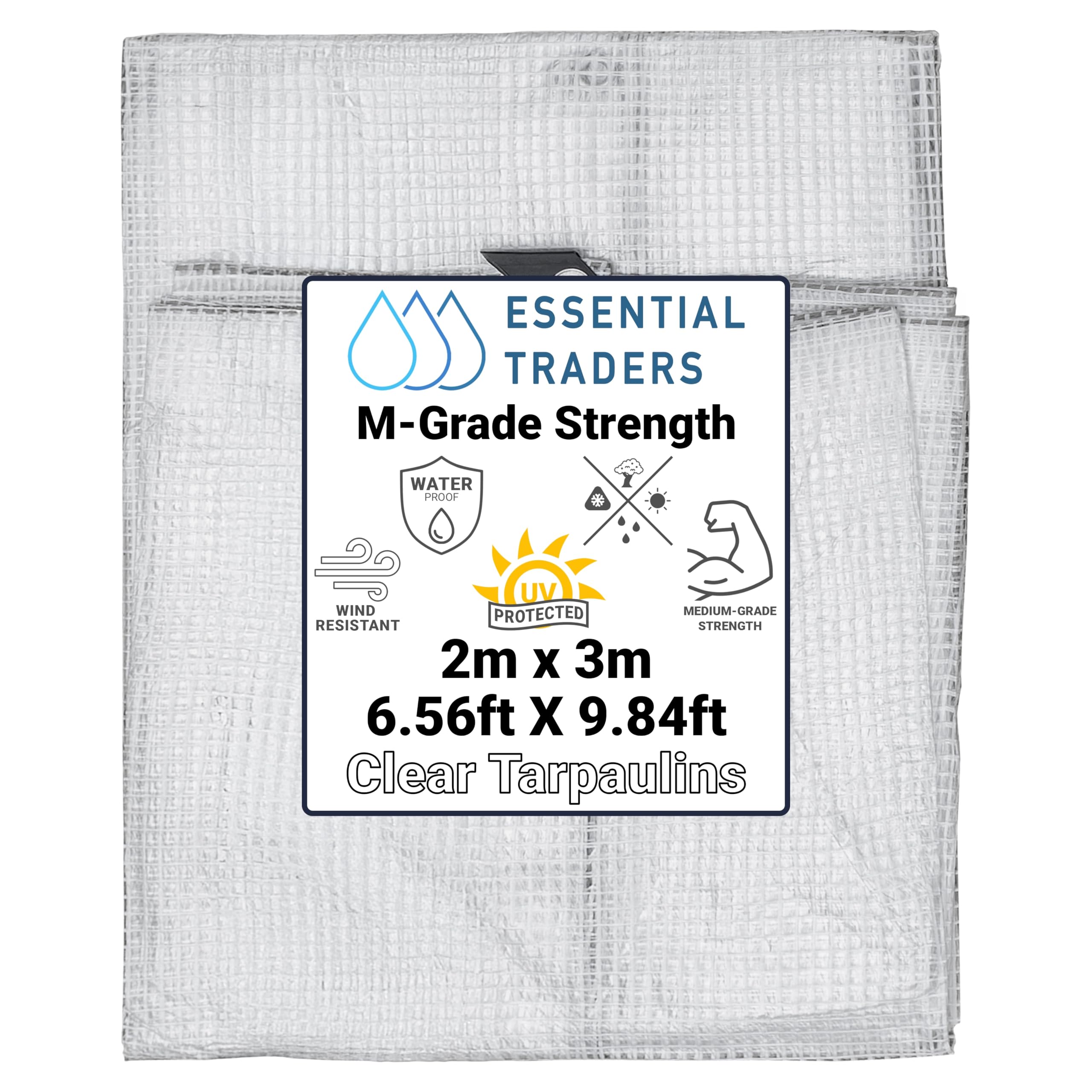 Clear Monotex Heavy Duty Tarpaulin, 100gsm Waterproof Ground Cover Multipurpose Furniture, Caravan, Vehicle, Tool, Camping & Shed Mono Sheet, Medium Weight Reinforced Cotton Mesh (2m x 3m)