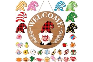 Qunclay Interchangeable Wooden Gnome Decor Holiday Seasonal Gnome Decorations with Magnet Pieces and Detachable Hats Changeable Welcome Sign for Home(Simple Style)