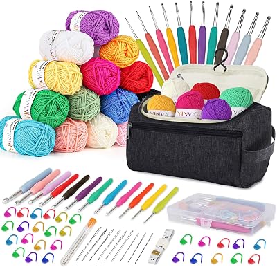 YINVA Crochet Kit for Beginners 15 Yarns 12 Hooks Ergnomic Case 25g Each