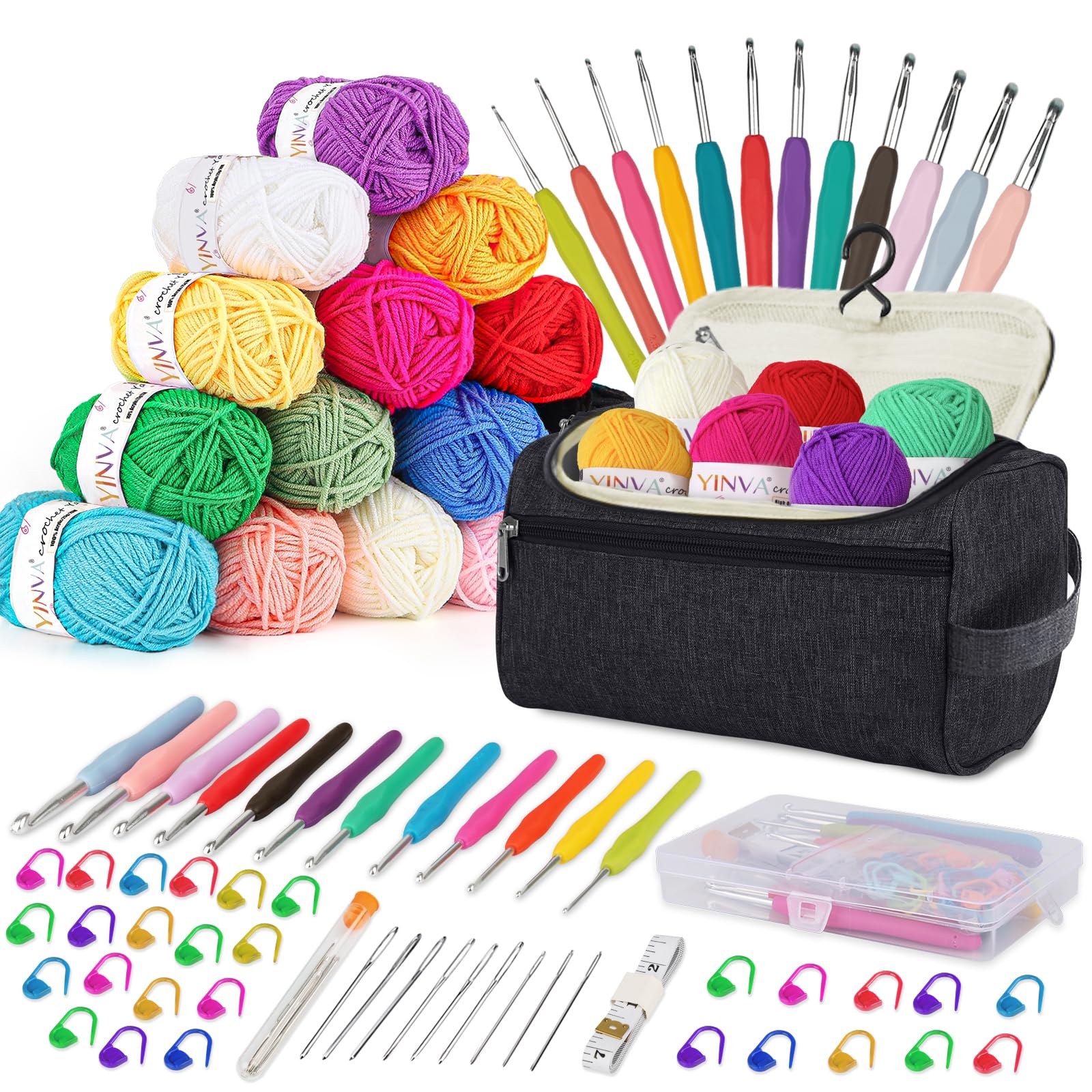 YINVA Crochet Kits for Beginners Adults Crochet Kit 15Pcsx25g Crochet Yarns Ergonomic Metal Crochet Hooks 2mm-8mm Knitting Accessories Tools Storage Case Needles Crochet Starter Kit-Black