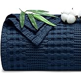 PHF Cooling Waffle Blanket Queen Size, Lightweight 60% Rayon Derived from Bamboo & 40% Cotton Breathable Blanket for Hot Sleepers, Soft and Luxury for Bed Couch and Sofa, 90"x90", Navy Blue