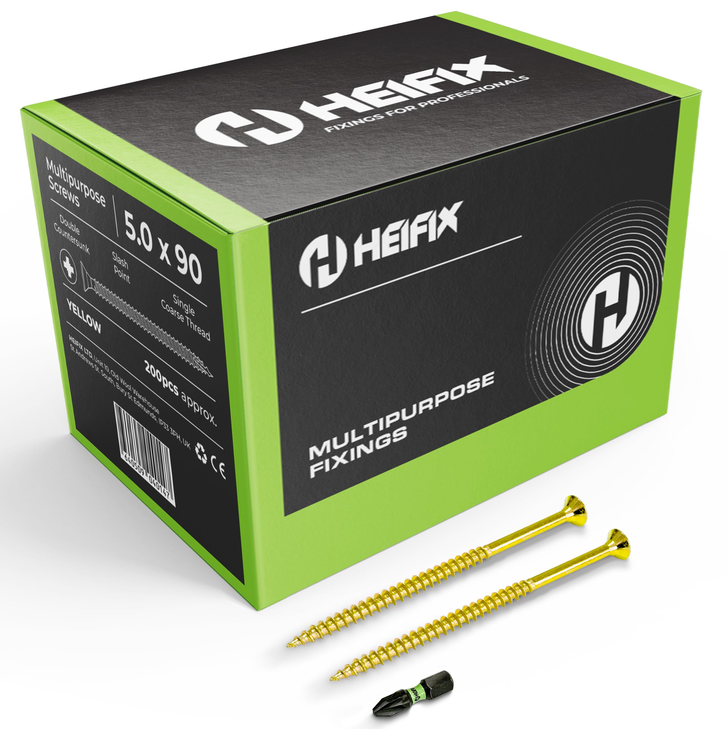 Heifix Multi-Purpose Wood Screws - FREE Screw Bit Included (QTY 200, 5mm x 90mm) Pozi Double Countersunk — image 1