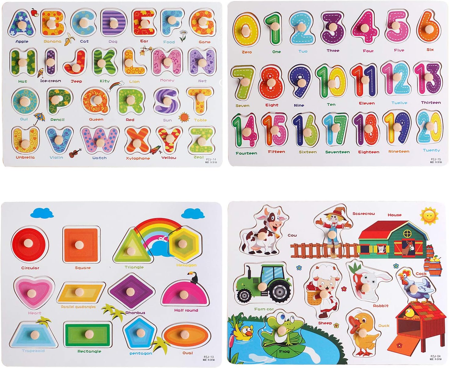 UMTOY 4PCS Wooden Puzzles for Toddlers Peg Puzzle Set, Children's Learning Puzzles with Alphabet and Animal Numbers Shape, Educational and Learning Preschool Puzzle Toys for Babies Boys and Girls: Toys & Games