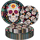100PCS Halloween Paper Plates (50×7 Inch & 50×9 Inch) –Day of the Dead Party Supplies Skull Disposable Plates, Dessert Dinner Plates for Halloween Skeleton Day Muertos Birthday Party Decorations