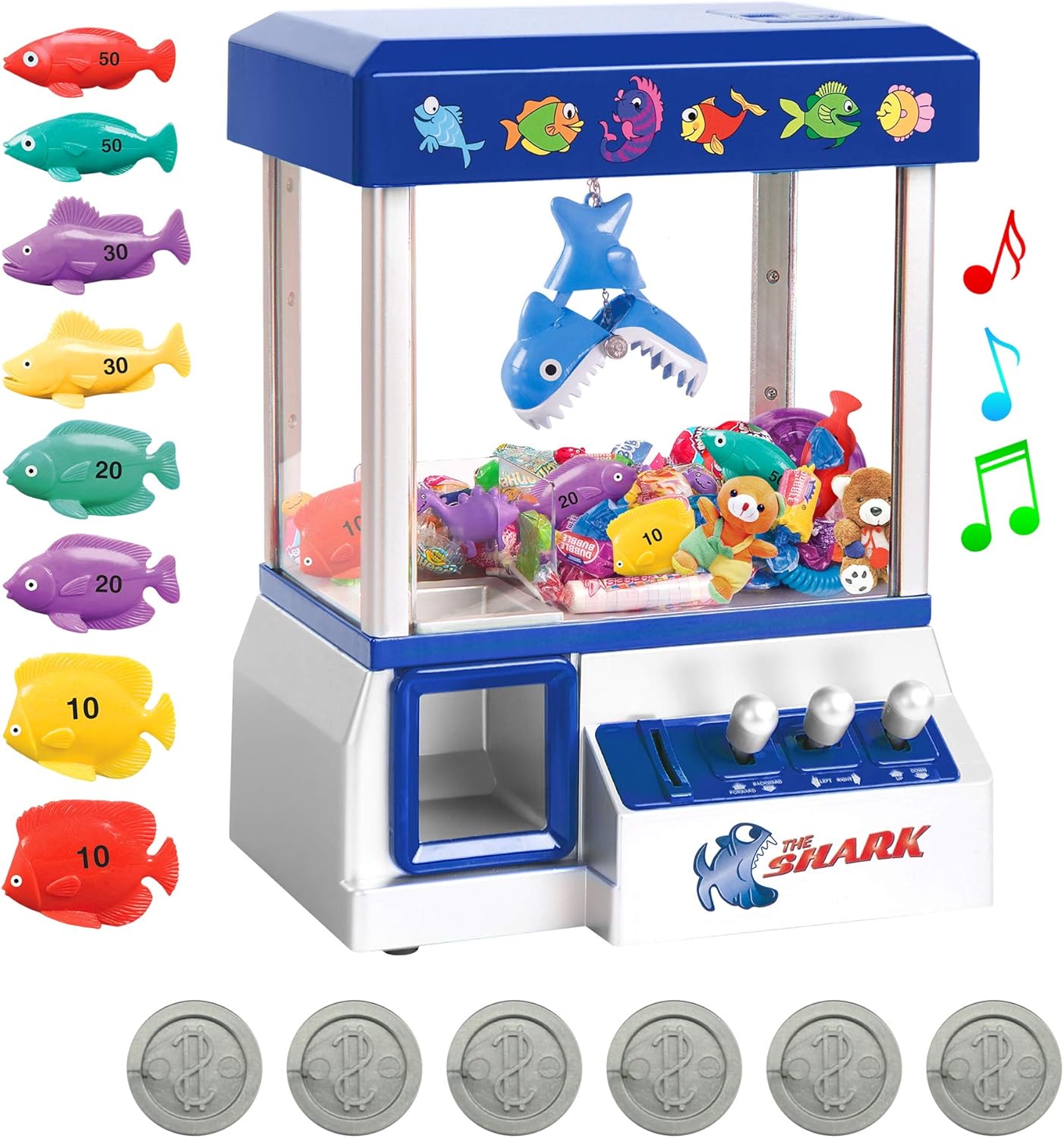 Bundaloo Shark Claw Machine Arcade Game for Kids - Candies, Toys, Prize Grabber, Mini Vending Dispenser - 30 Tokens, 3-Lever Design, Fun Sound Effects