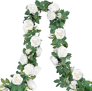 COCOBOO 4pcs 26 Feet Artificial Rose Vine Fake Silk White Flower Garland Hanging Vine Garland for Wedding Home Outdoor Arch Garden Wall Decor