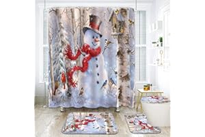 GUDAGUU 4 Piece Christmas Shower Curtain Bathroom Decorations Sets,Cute Snowmen Theme Santa Bath Decor with Toilet Seat Cover Rug Xmas Rustic 71 inch Long Bathroom Accessory Set (G2)