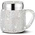 Meanplan Bling Rhinestone Coffee Mug for Christmas Gift Bling Water Bottle Rhinestone Ceramic Portable Travel Cup Crystal Coffee Cup with Lid and Handle for Women Office Home 13.5 oz (White)