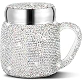 Meanplan Bling Rhinestone Coffee Mug for Christmas Gift Bling Water Bottle Rhinestone Ceramic Portable Travel Cup Crystal Coffee Cup with Lid and Handle for Women Office Home 13.5 oz (White)
