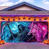 Blacklight Halloween Garage Door Banner Cover 7x16ft, UV Reactive Glowing Grim Reaper Decor, Large Polyester Gothic Scythe Skeleton Monster Hand Backdrop Mural for Double Car Garage Door Outdoor Wall
