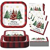 Christmas Paper Plates and Napkins Supplies, Square Christmas Plates Disposable Party Set for 25