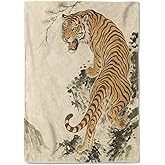 coedoaes Oriental Roaring Tiger Ink Fleece Blanket,50x60in,Bold Traditional Chinese Art Style Mountains Throw Blankets,Soft Cozy Lightweight, Ideal for Bed Living Room Home Decor,Women Gifts