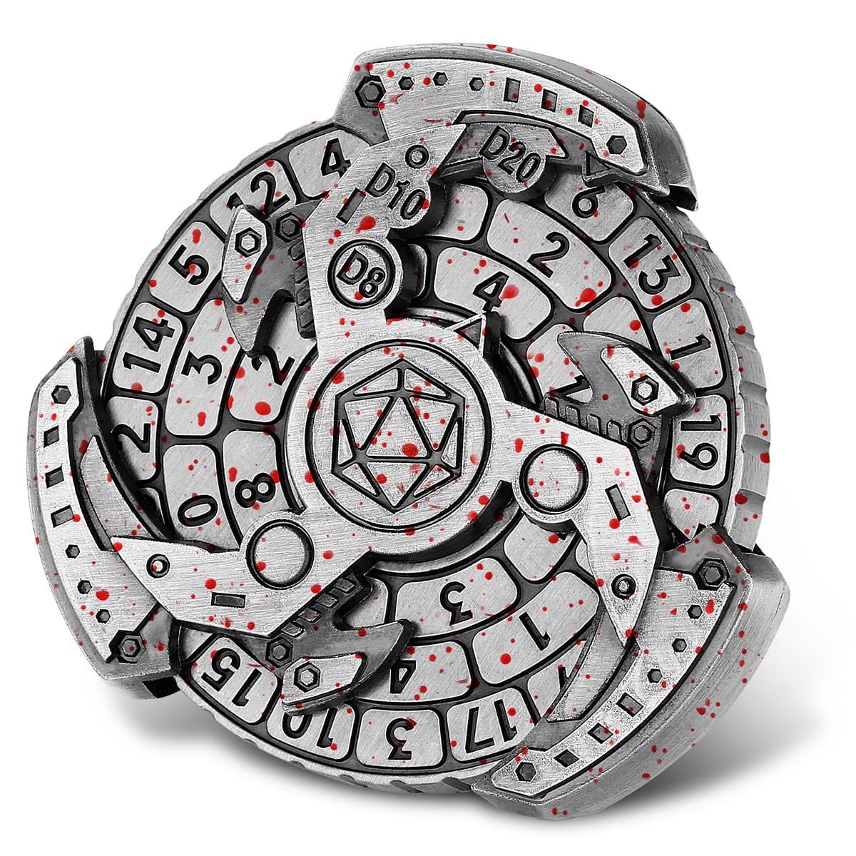 DND Wheel Dice Spiner, 7-in-1 Fingertip Gyro, DND Starter Set, 7-in-1 Metal DND Dice Set, DND Gifts with Dragon Logo Gift Box, Tabletop Games, Role Playing Board Game Accessories, Silver with Red Dots