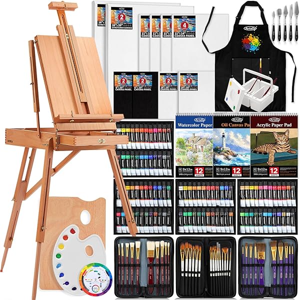 188PCS ALL-IN-ONE ART PAINTING KIT WITH FRENCH EASEL, 96 ACRYLIC, WATERCOLOR & OIL PAINT SET, COMPLETE ART SUPPLIES PAINTING SET FOR ADULTS, ARTISTS, BEGINNERS