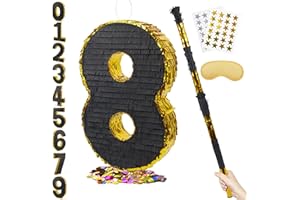 PCFING 20 Inch Number 8 Piñata Gold Black with 30 Inch Piñata Stick Blindfold Confetti for Man Women Boys Girls Birthday Party Decorations, Anniversary Celebration, Fiesta