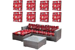 HANDONTIME 8Pcs Christmas Patio Cushion Covers Stretch Outdoor Couch Cover Santa Claus Buffalo Check Replacement Cushions Candy Tree Patio Furniture Covers for Pets Sofa Covers Washable, Cover Only
