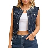 CIMUK Women's Denim Vest Collarless Cardigan Decor Pearl Sleeveless Jean Jackets