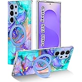 Shecaset Magnetic for Samsung Galaxy S23 Ultra Case with Invisible Ring Stand [Compatible with MagSafe], Full Body Rugged Slim Women Men Girl Shockproof Marble Pattern Design Case,Blue Violet