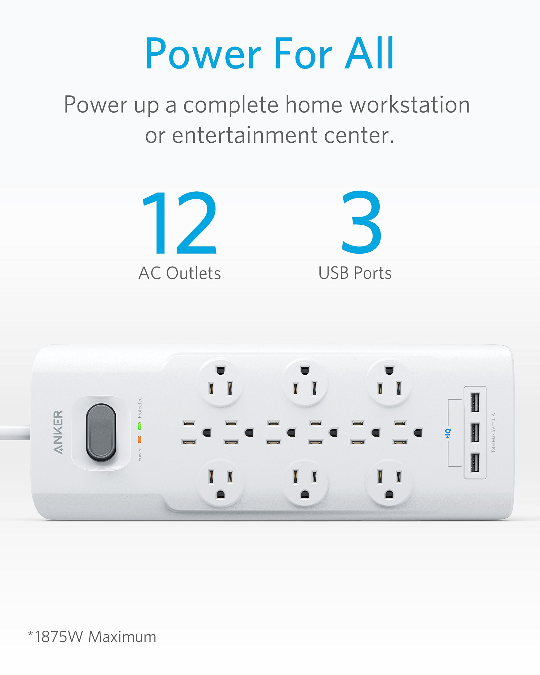 Anker PowerPort Power Strip, 12 Outlets 3 USB Ports, Surge Protector