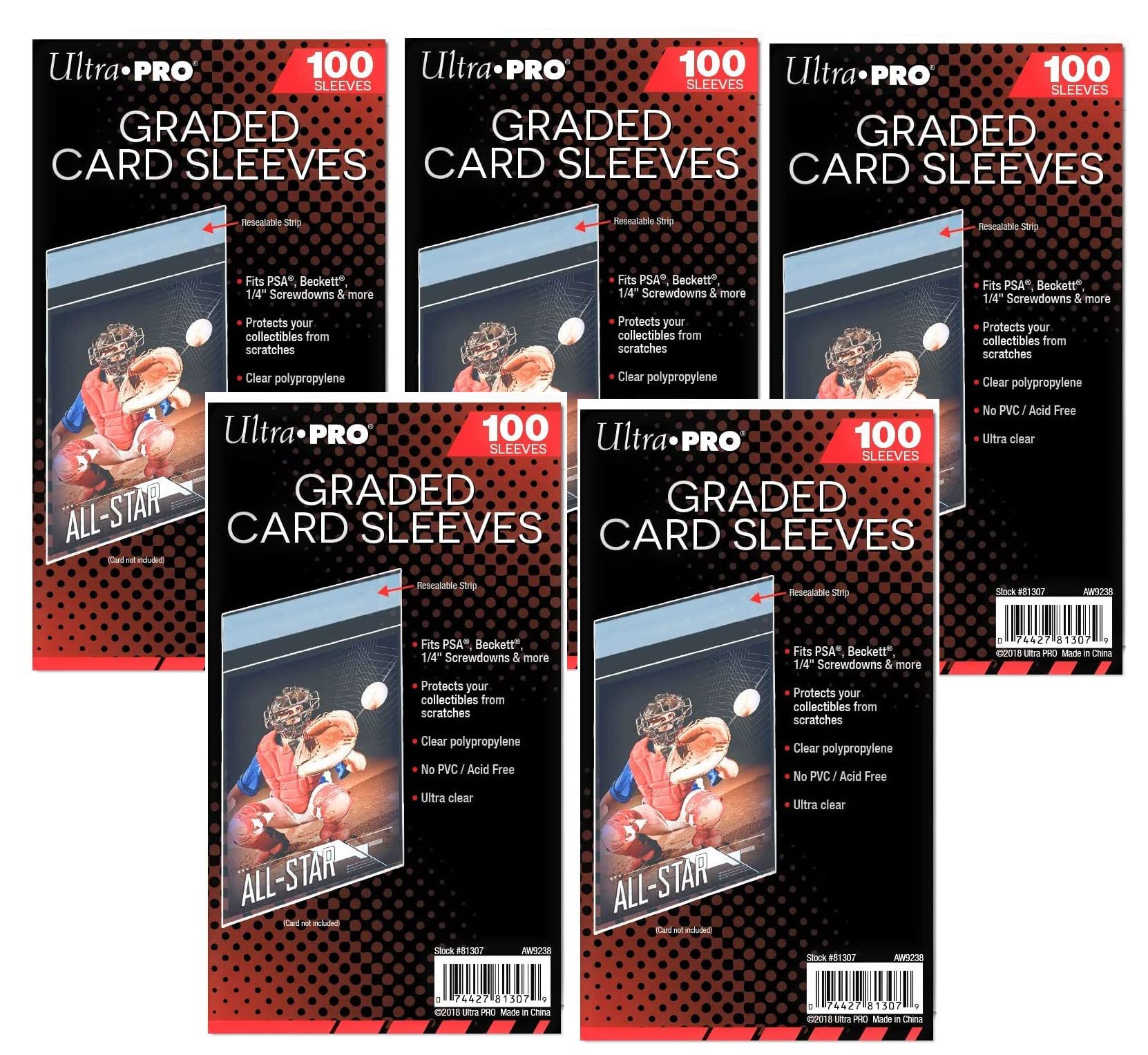 5 Ultra Pro Graded Card Sleeve Packs with Resealable Strip 500 Total (5 100ct Packages). Protects Graded Cards from Scratching and Dust. for Use w/Beckett, BGS, PSA and More.