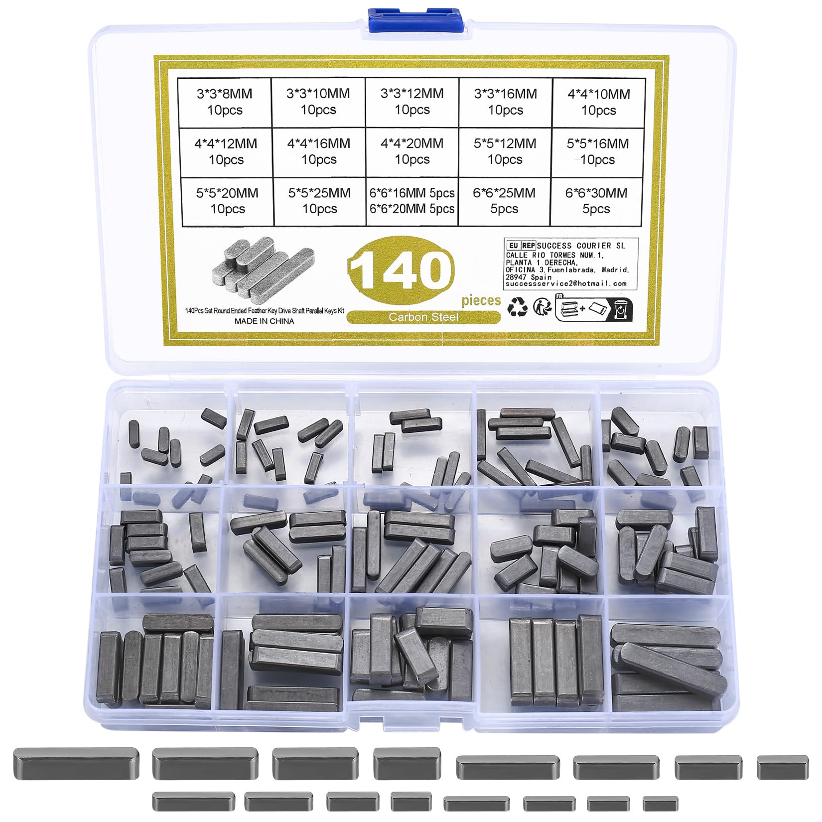 140 Pc Feather Key Assortment - Round Ended & Parallel Drive Gib Head Key Set (3-6 mm) for Fasteners