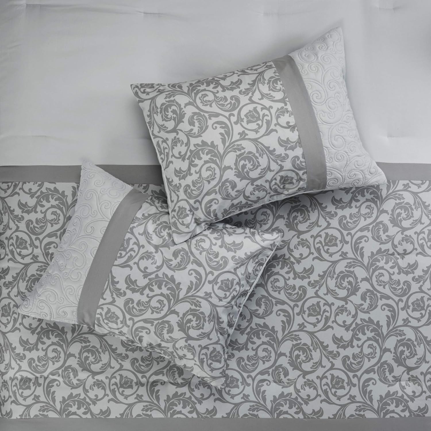 510 Design Ramsey 8 Piece Comforter Floral Scroll Quilted Design, Stripes Accent, Embroidered Toss Pillow Modern Classic All Season Bedding Set, Matching Sham, Bedskirt, King(104"x92"), Grey: Home & Kitchen