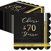 SietDESEO 50 PCS 3-ply 70th Birthday Scalloped Napkins Disposable 5 x 5 Inches Cheers to 70 Years Paper Napkins Black and Gold Cocktail Napkins for Birthday Anniversary Party Supplies Beverage Napkins