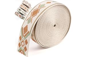 PECMER 1.5 Inch Strap Webbing -6 Yards Beige Boho Style Poly Webbing Strap Geometric Patterns Nylon Webbing for Belts-1 1/2 inch Webbing for Crafts Pet Collars Leash Tent Bag