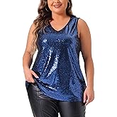 Agnes Orinda Plus Size Sequin Tank Tops for Women V Neck Sleeveless Club Glitter Shimmer Sparkle Party Vest Top