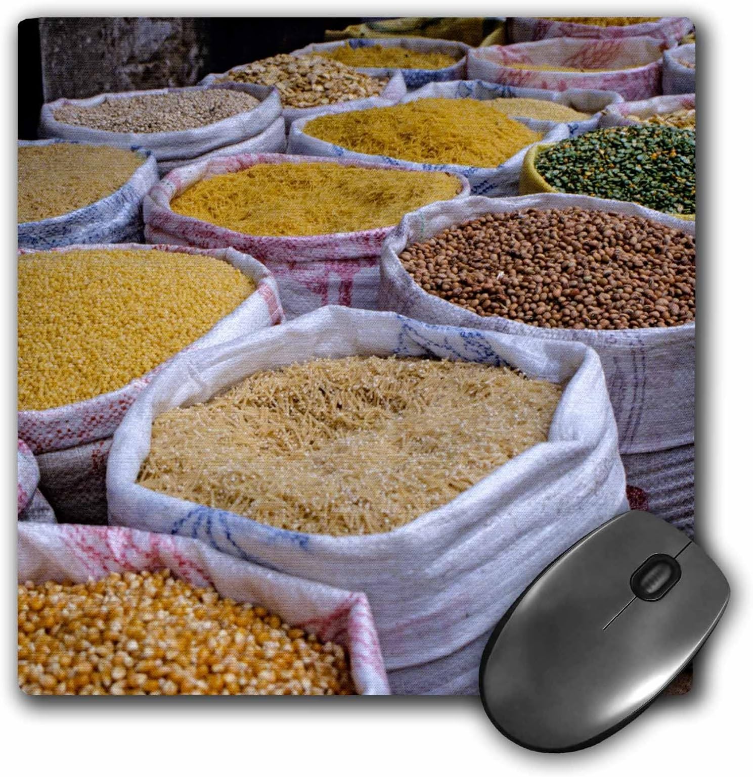 Danita Delimont - Charles Cecil - Markets - Fez, Morocco. Peas, Corn, Rice, Pasta, Lentils in Bags at Market. - MousePad (mp_187449_1)