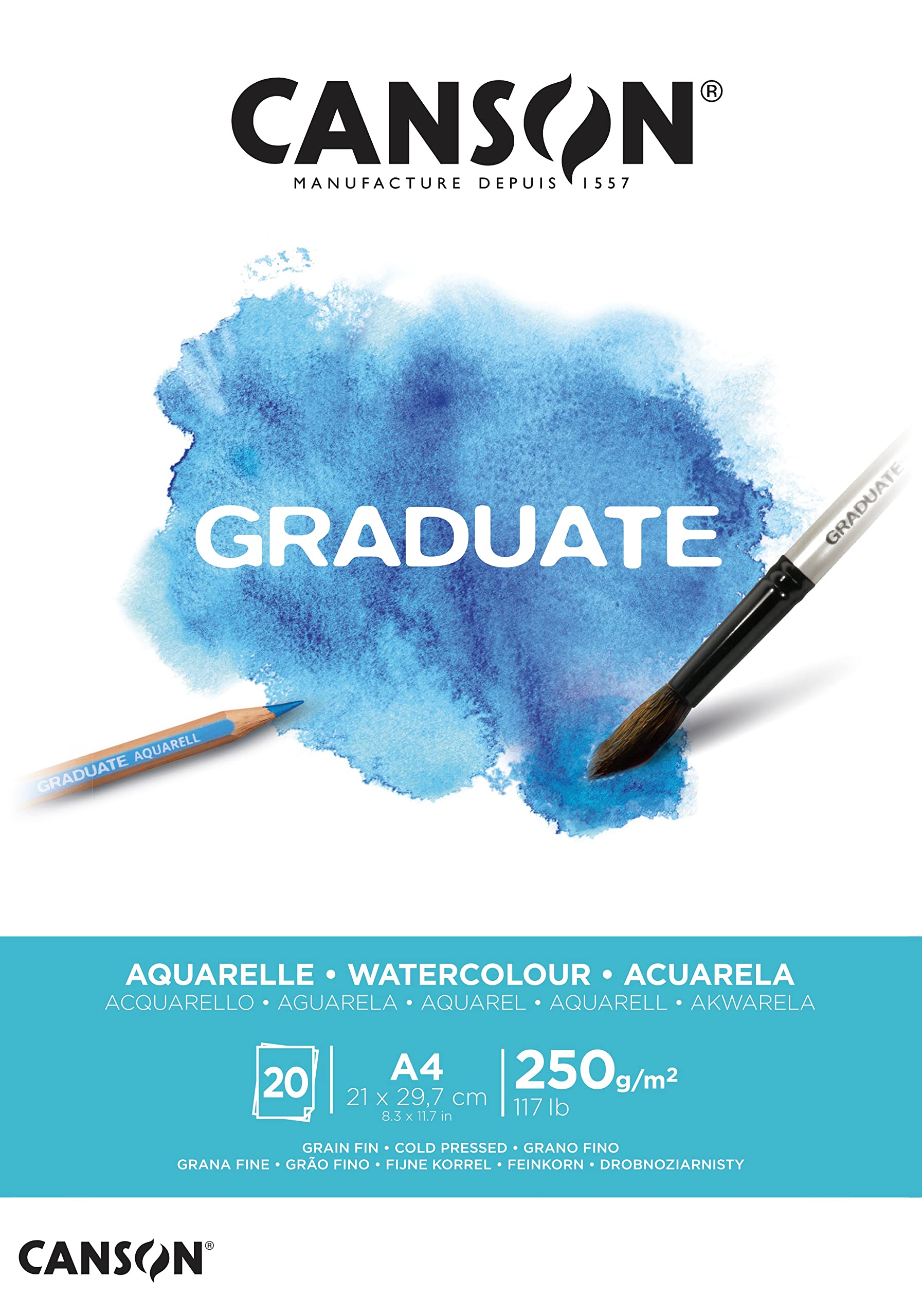 CANSON Graduate Watercolour 250gsm A4 Paper, Cold Pressed, Pad Glued Short Side, 20 Natural White Sheets, For Student Artists