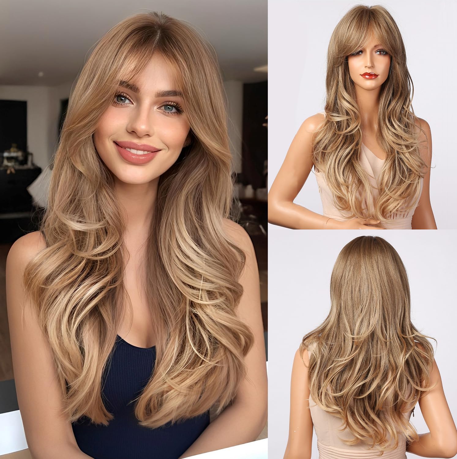 Photo 1 of Esmee 24 Inches Long Ombre Light Ash Brown to Blonde Wig with Bangs for Women Synthetic Hair Wigs with Dark Roots Natural Wave Heat Resistant Hair Wigs for Daily Party Cosplay Use