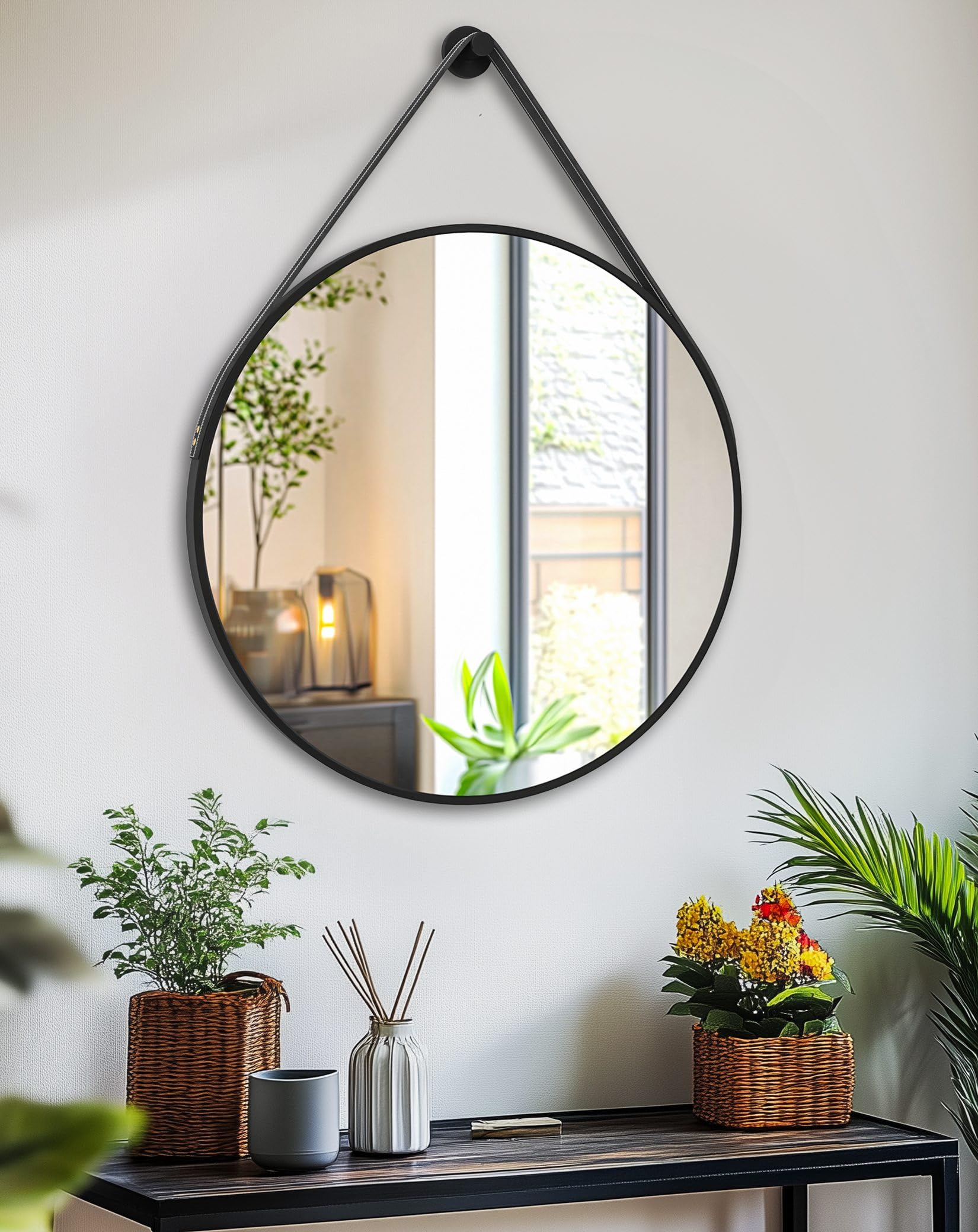 Photo 1 of Artloge Hanging Wall Mirror with Strap Round Bathroom Vanity 24in Black Frame
