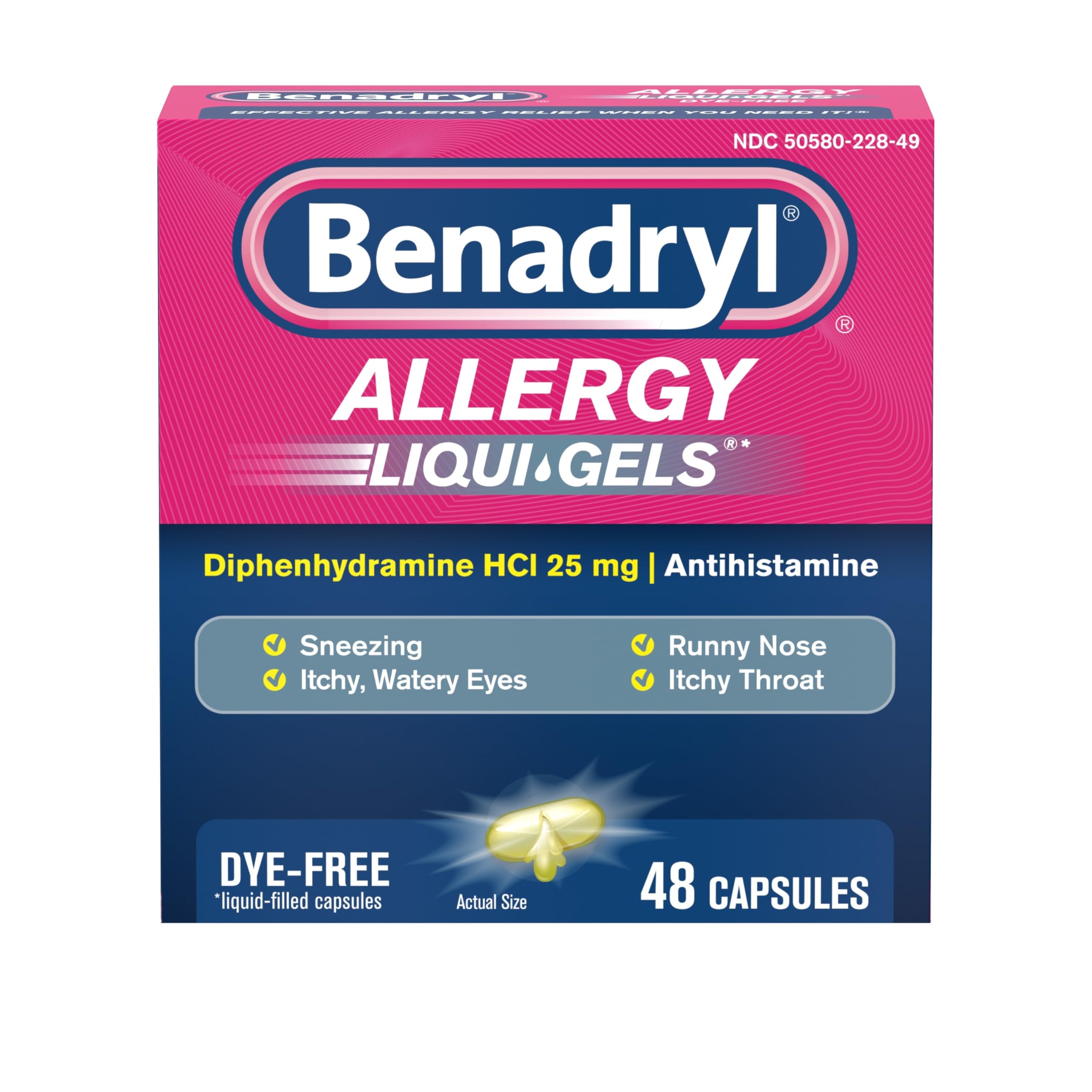 Photo 1 of Benadryl Liqui-Gels Antihistamine Allergy Medicine & Cold Symptom Relief, Dye-Free Liquid Gels with 25 mg of Diphenhydramine HCl for Symptoms Such As, Runny Nose, Sneezing & More, 48 ct