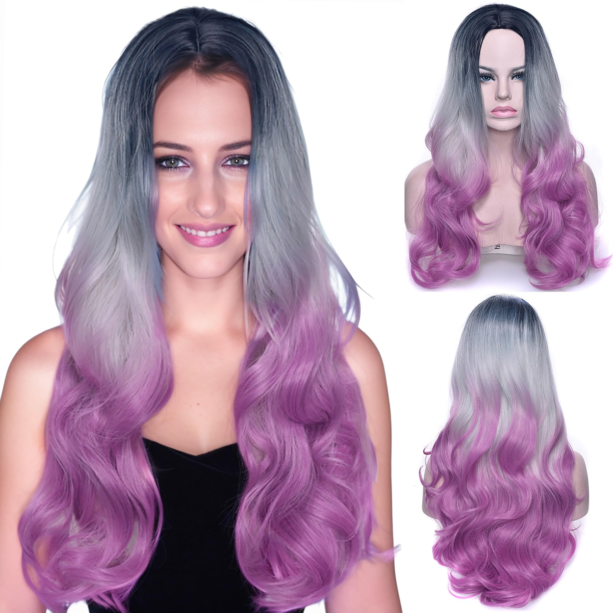 IMISSU Short Natural Hair Bob Wigs Cosplay Wigs Ombre Color Halloween Costume Party Wig for Women (Black Gray Violet)