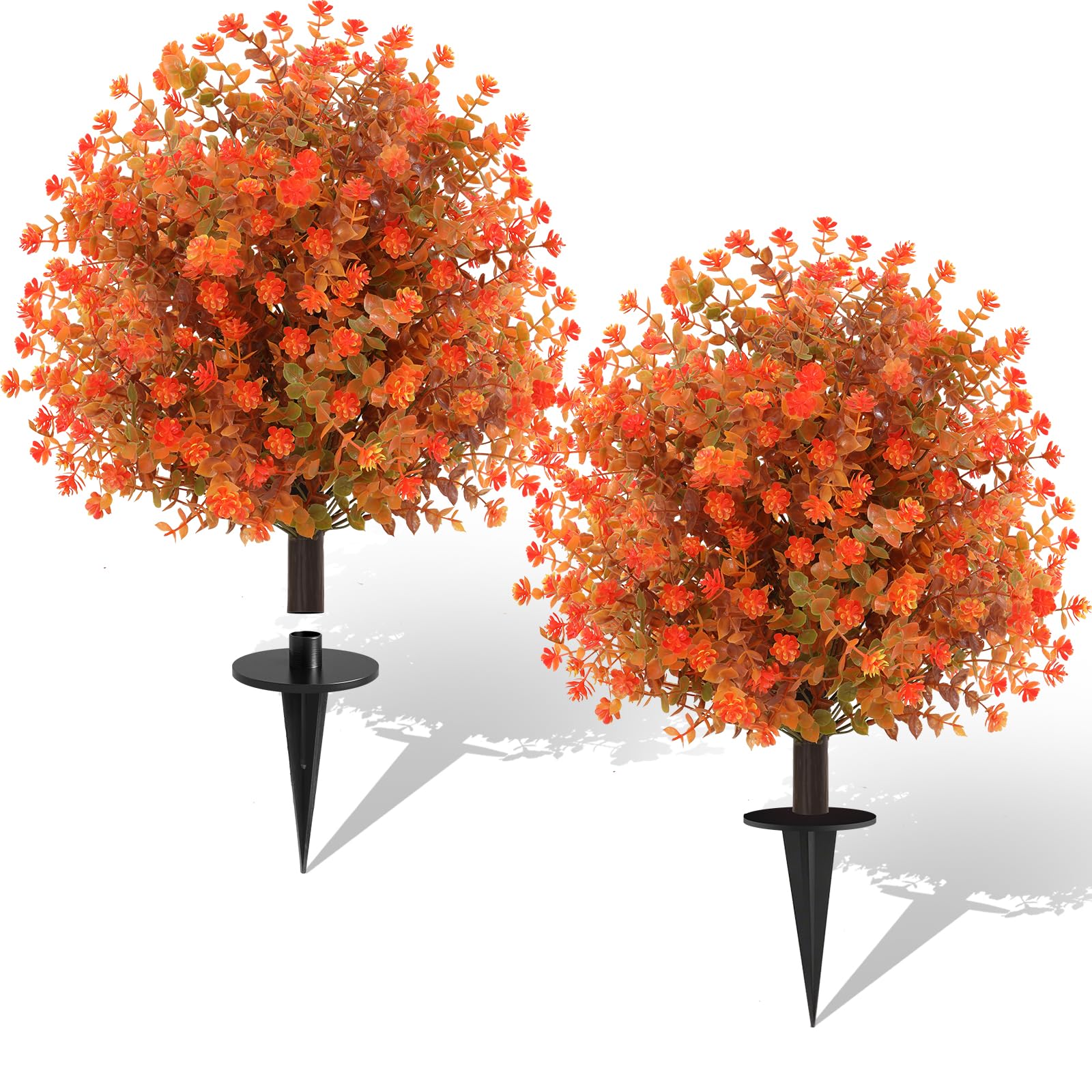 Photo 1 of 2 Pack Fall Artificial Topiary Bushes - 23" Boxwood Ball Trees with Mums, UV Resistant Faux Plants with Ground Spike for Outdoor, Fake Shrubs for Garden Porch Patio Autumn Thanksgiving Decor