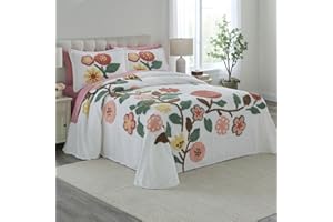 BrylaneHome Bedding Oversized Cotton Bloom Chenille Bedspread Floral Bedding Colorful Flowers - Queen, Deep Coral Multi