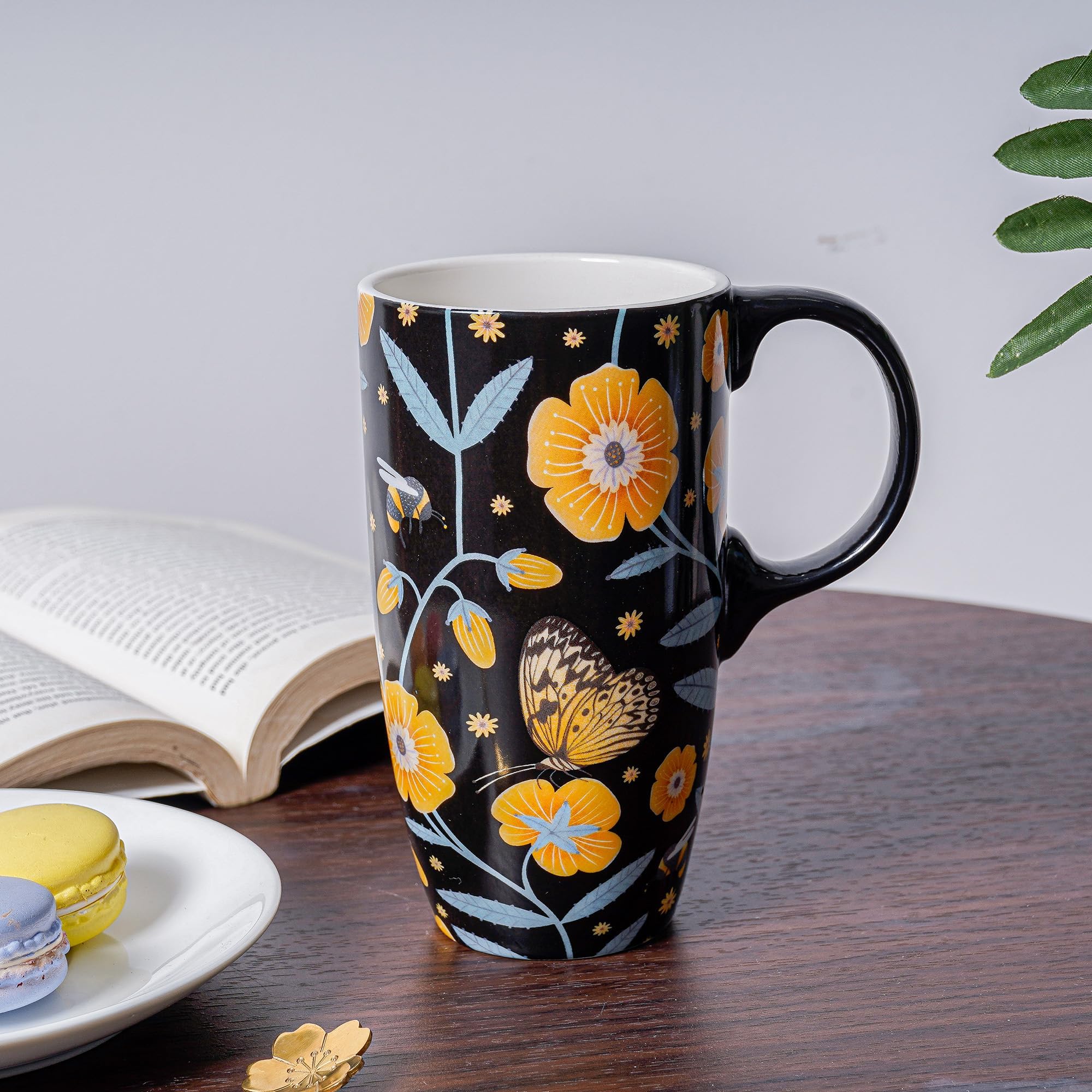 DUSVALLY 17oz Ceramic Coffee Mug with Lid - Large Yellow Floral Porcelain Latte Tea Cup with Gift Box