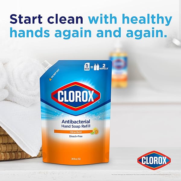 CLOROX ANTIBACTERIAL LIQUID HAND SOAP REFILL | HAND SOAP FROM CLOROX, LIQUID HAND WASHING SOAP REFILL WASHES AWAY GERMS AND BACTERIA ON SKIN, 34 OZ CITRUS BURST SCENT