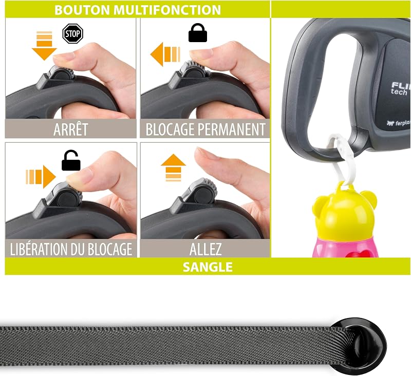 Laisse Chien Enrouleur FLIPPY TECH, Laisse Chiens de Taille Moyenne jusqu'à 25 Kg. Sangle Extensible max 3 m. Bouton de verrouillage et de déverrouillage unique, violet